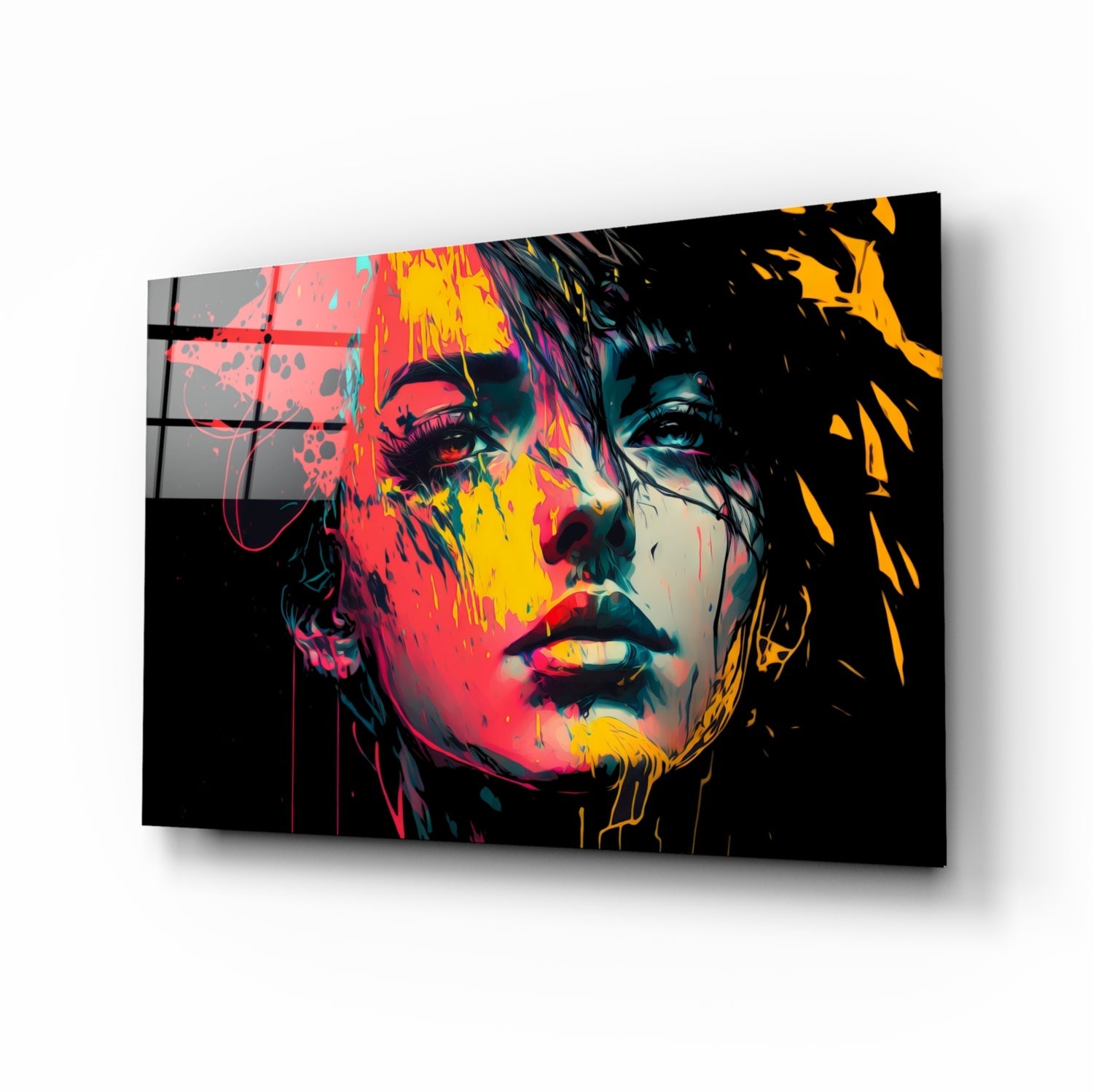 Neon Red Yellow Drip Face on Black Glass Wall Art