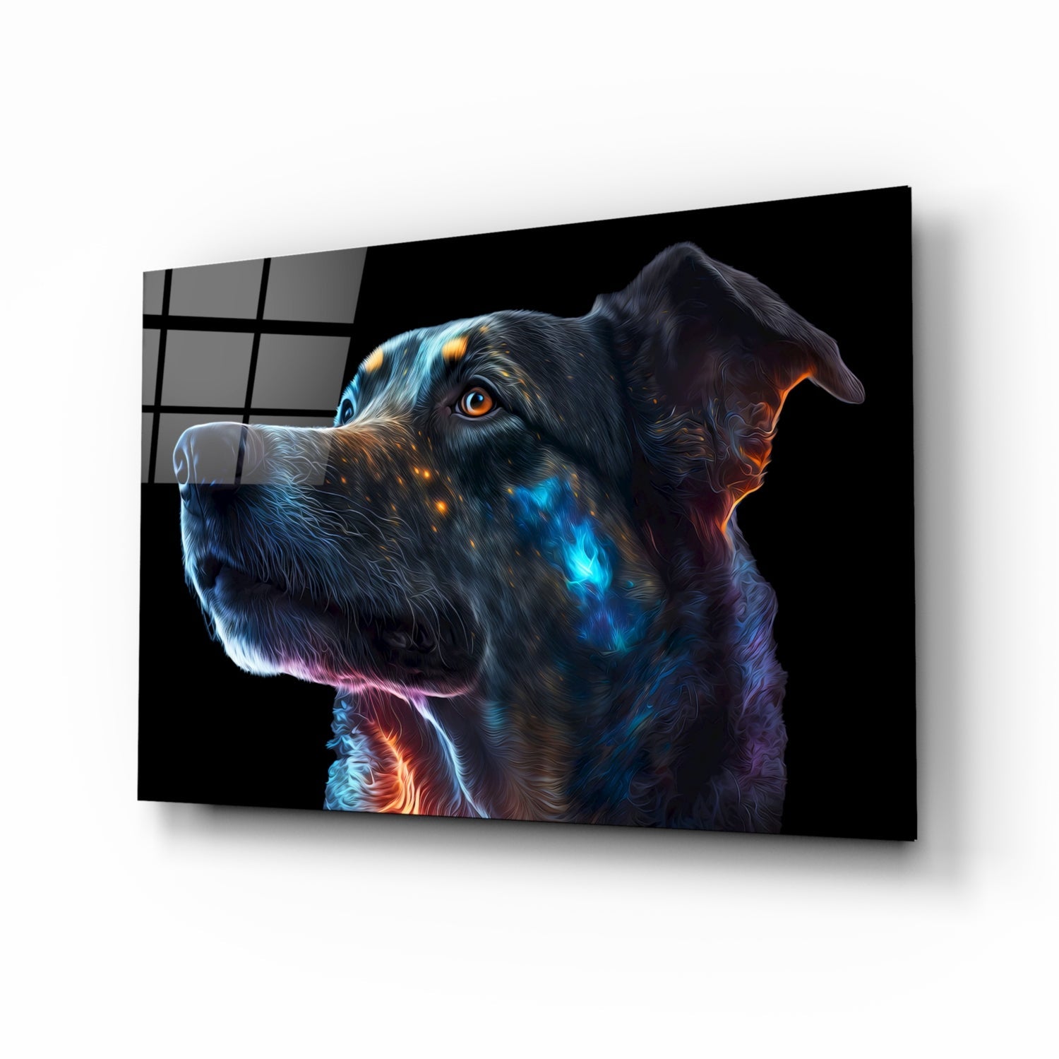 Golden Blue Glowing Dog Portrait Glass Wall Art
