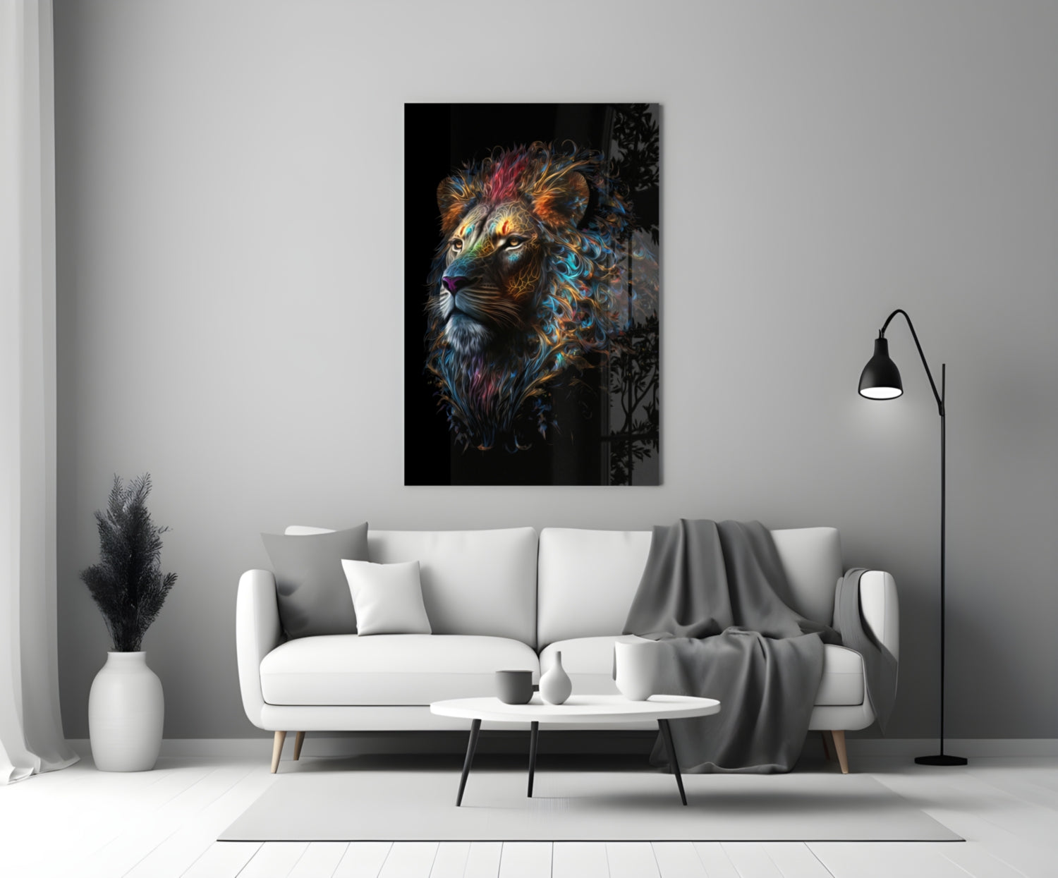 Jewel Tone Curly Mane Lion Portrait Glass Wall Art