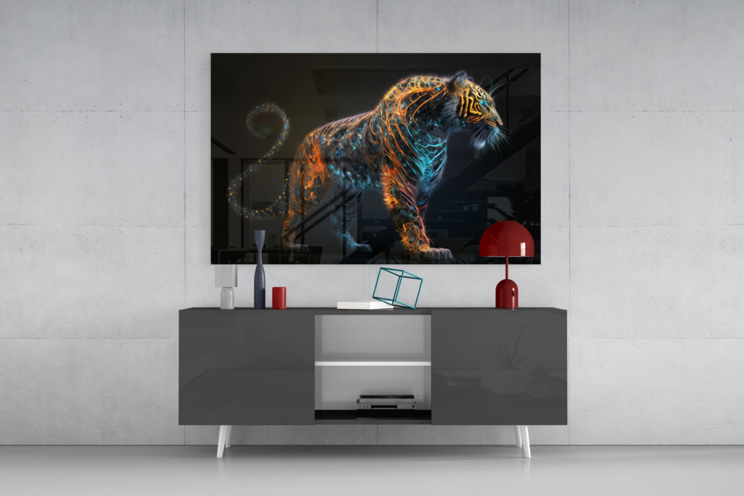 Copper Teal Standing Tiger Curl Tail Glass Wall Art