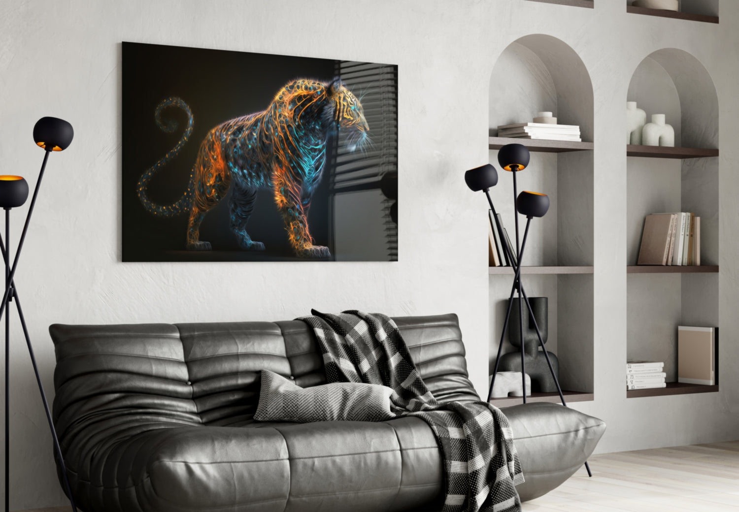 Copper Teal Standing Tiger Curl Tail Glass Wall Art