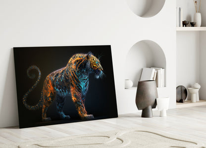Copper Teal Standing Tiger Curl Tail Glass Wall Art