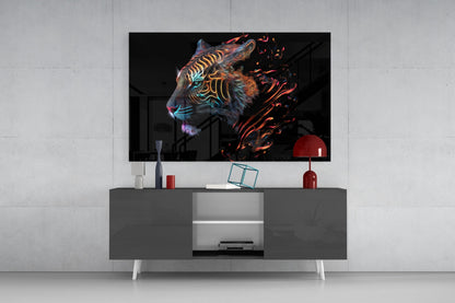 Neon Outline Tiger Head Flames Glass Wall Art