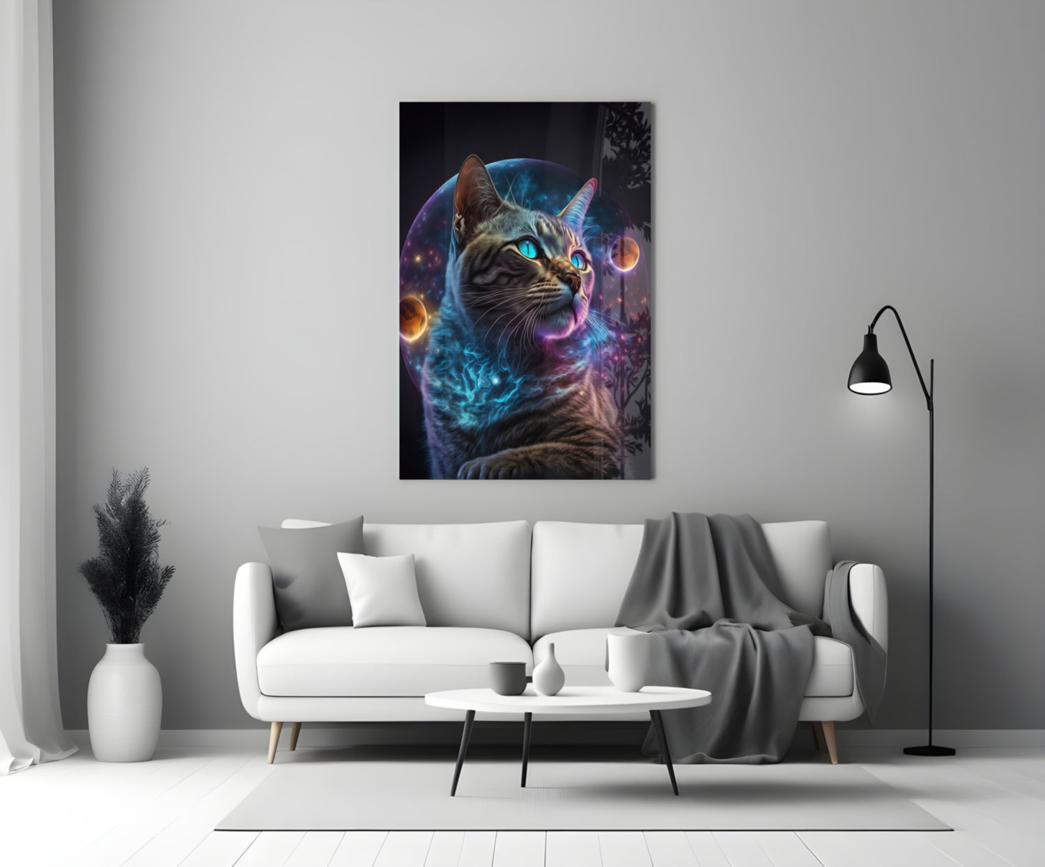 Tabby Cat With Cosmic Planet Orb Glass Wall Art