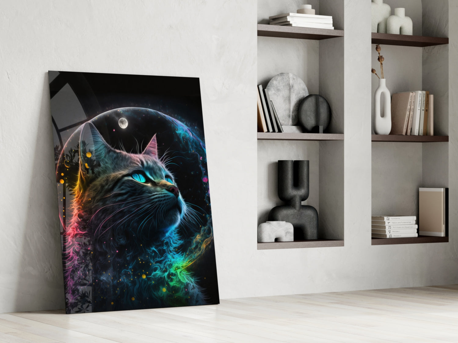 Rainbow Neon Fur Cat Moon Portrait Glass Wall Art