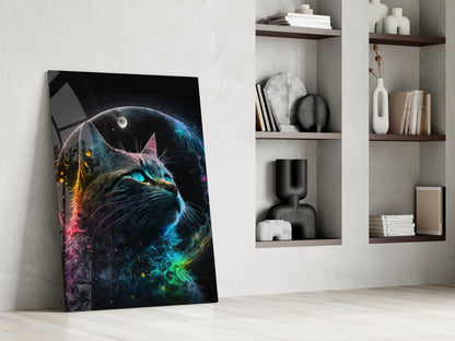 Rainbow Neon Fur Cat Moon Portrait Glass Wall Art