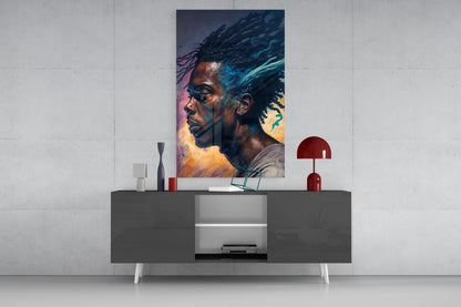 Blue Locs Man Profile On Orange Glass Wall Art