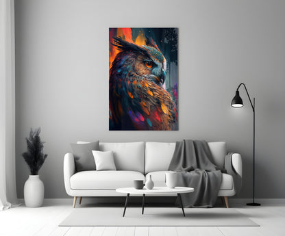 Teal and Orange Owl Side Profile Glass Wall Art