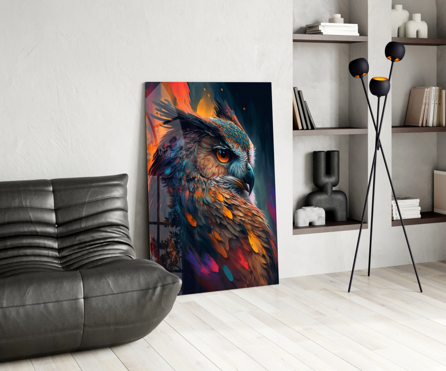 Teal and Orange Owl Side Profile Glass Wall Art