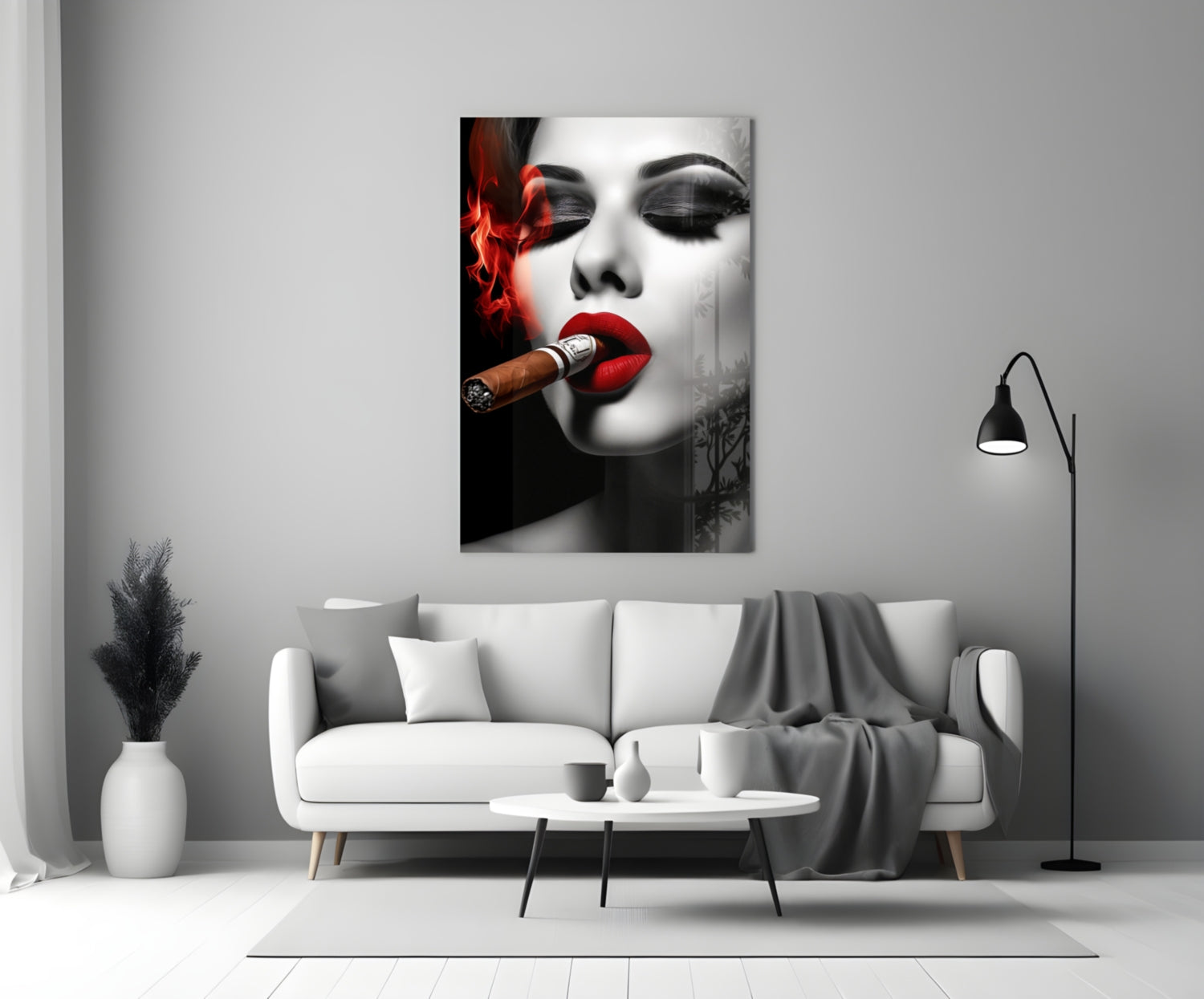 Red Smoke Closed Eyes Cigar Woman Glass Wall Art