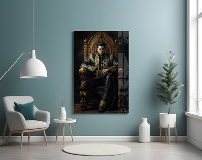 Black Gold Robe King on Throne Glass Wall Art