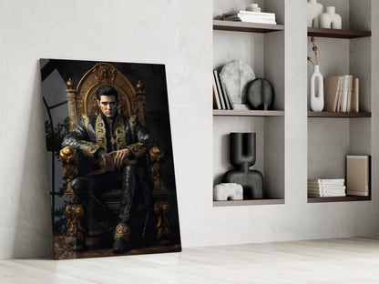 Black Gold Robe King on Throne Glass Wall Art