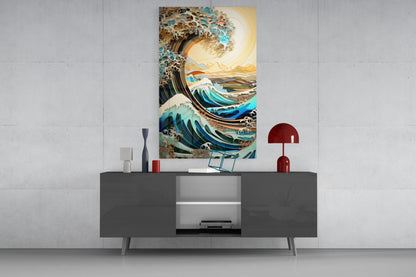 Golden Sky Curling Great Wave Glass Wall Art