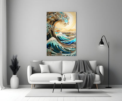 Golden Sky Curling Great Wave Glass Wall Art