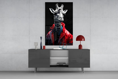 Red Leather Jacket Giraffe Glass Wall Art