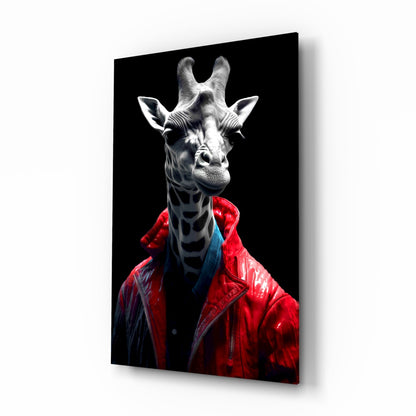 Red Leather Jacket Giraffe Glass Wall Art