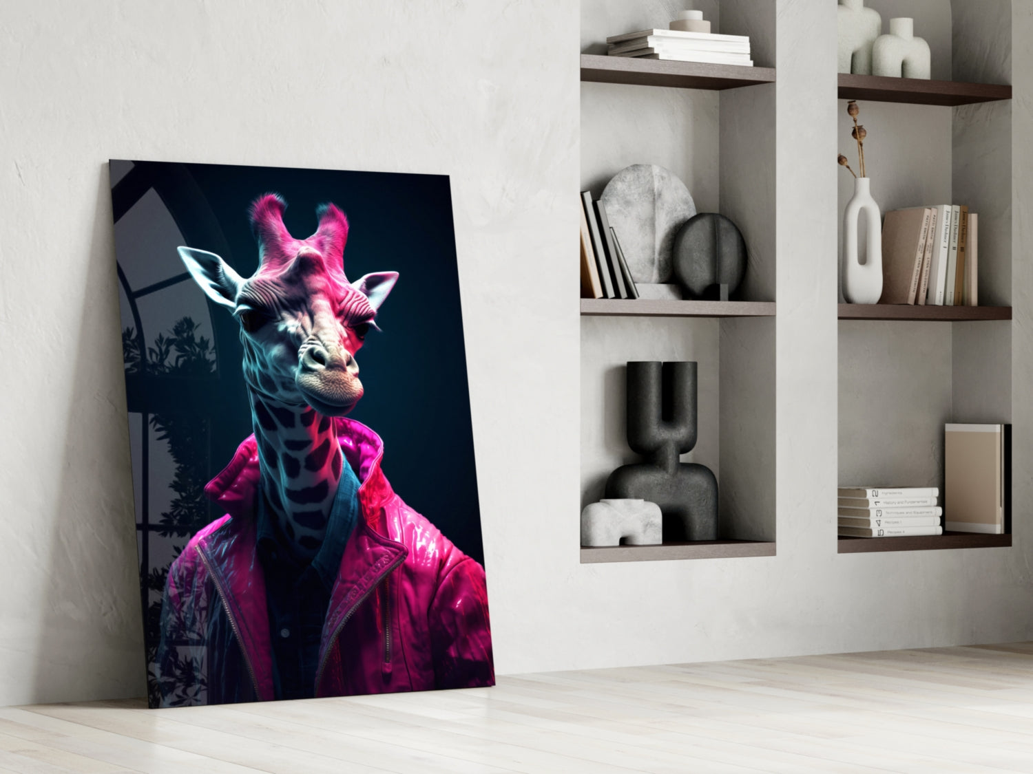 Neon Pink Jacket Giraffe Glass Wall Art