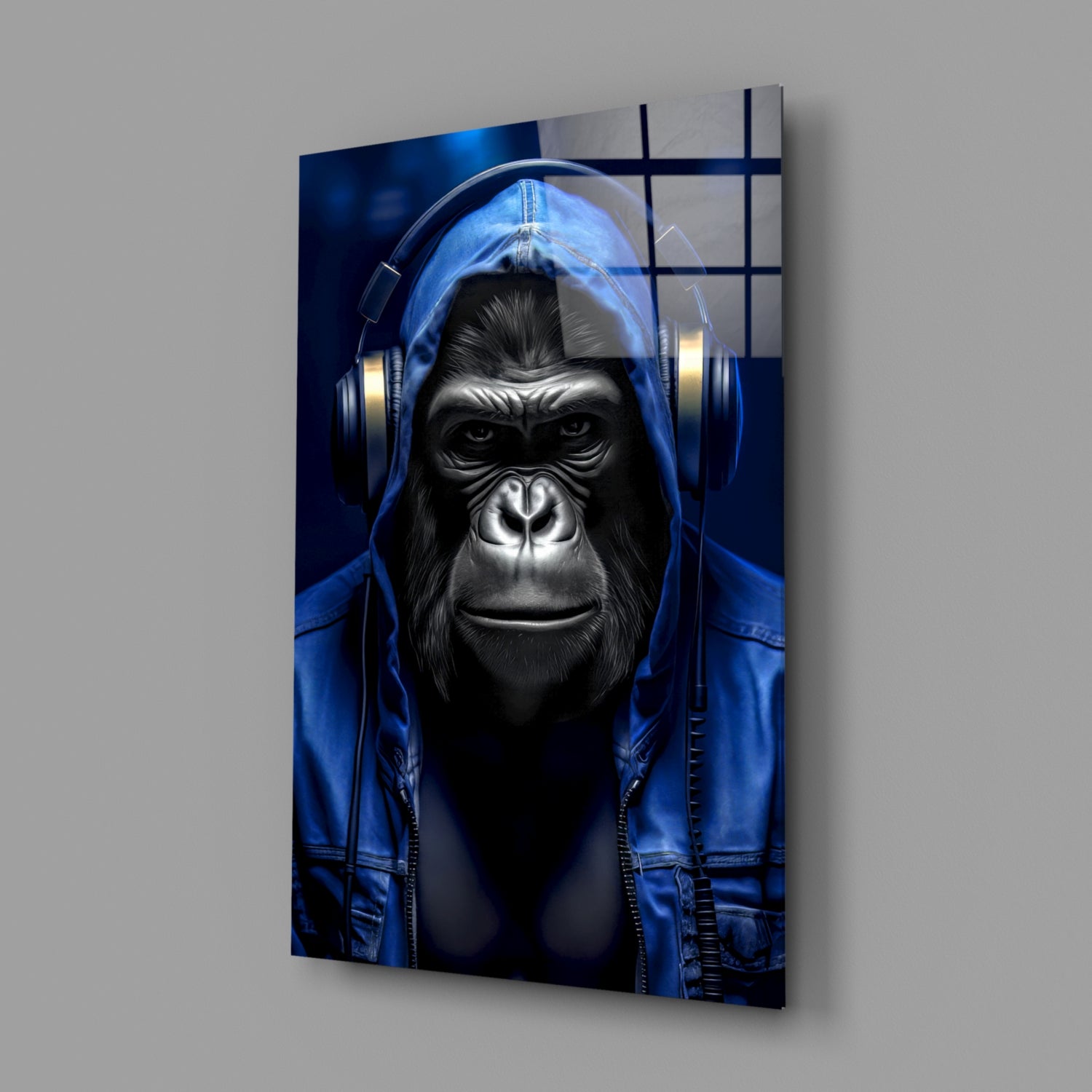 Blue Hoodie Headphones Gorilla Glass Wall Art