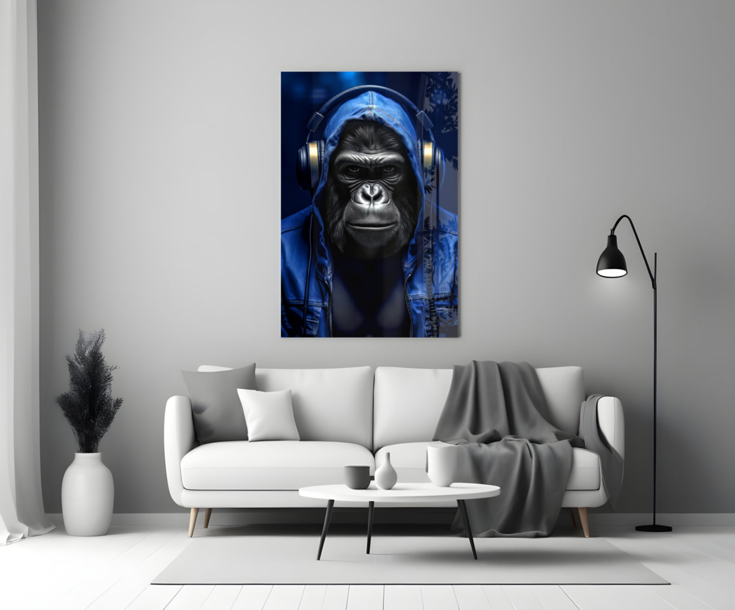 Blue Hoodie Headphones Gorilla Glass Wall Art