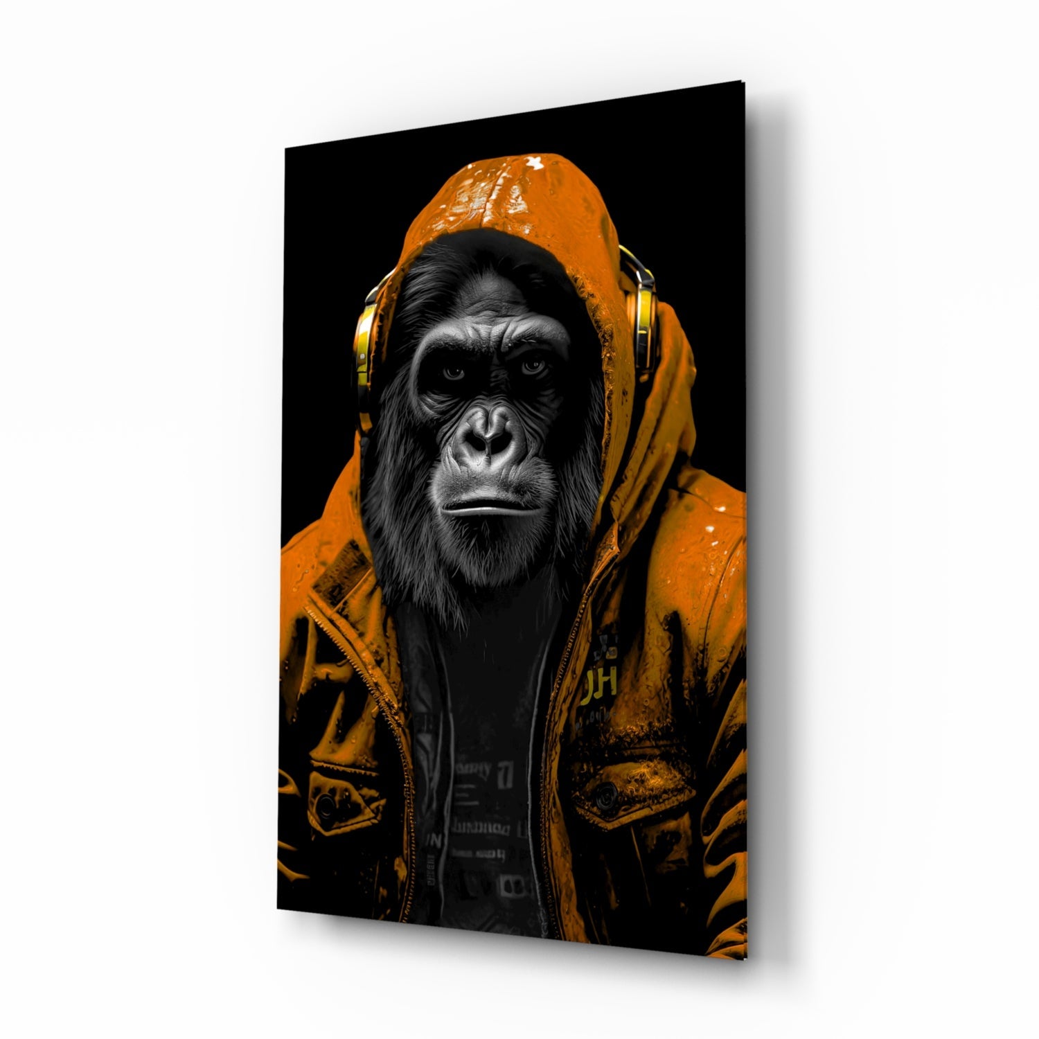 Orange Hooded Gorilla Headphones Glass Wall Art