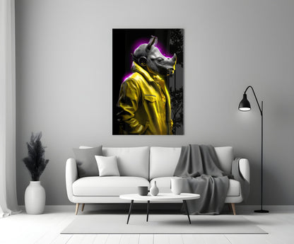 Yellow Coat Rhino Purple Glow Glass Wall Art