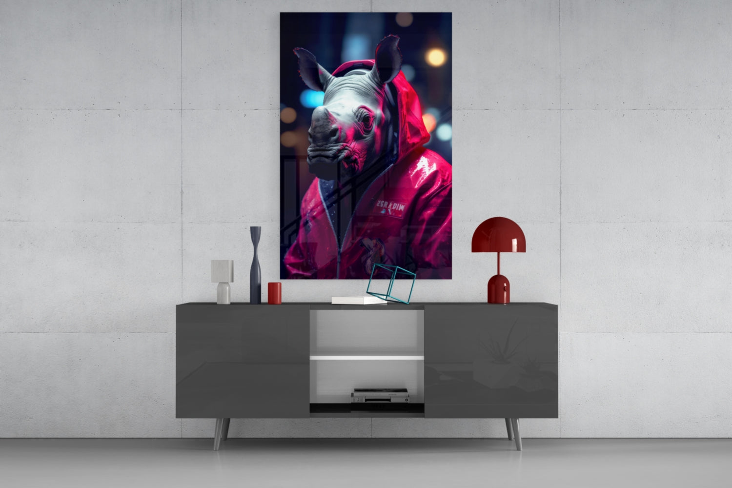 Rhino in Night Glass Wall Art || Designer Collection