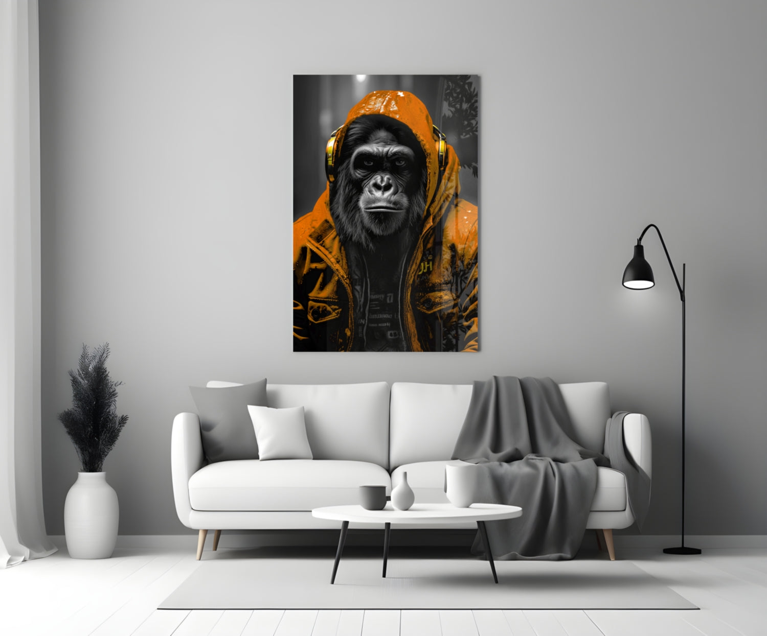Yellow Raincoat Headphone Gorilla Glass Wall Art