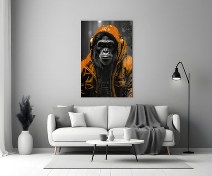 Yellow Raincoat Headphone Gorilla Glass Wall Art