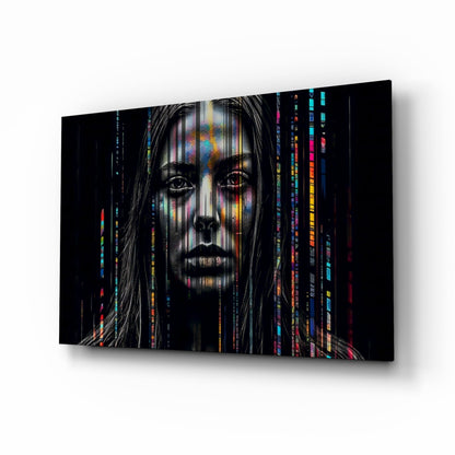 Glitch Stripes Woman Portrait Glass Wall Art
