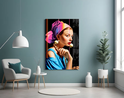 Neon Stripes Girl With A Pearl Earring Glass Wall Art