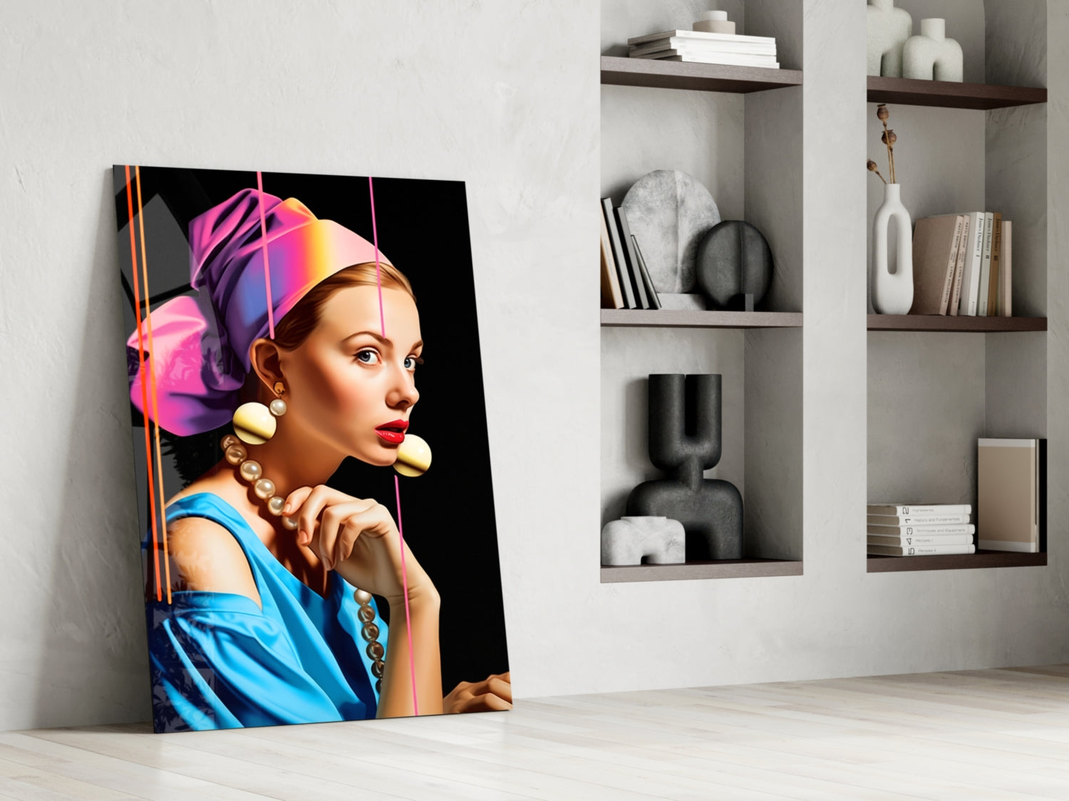 Neon Stripes Girl With A Pearl Earring Glass Wall Art