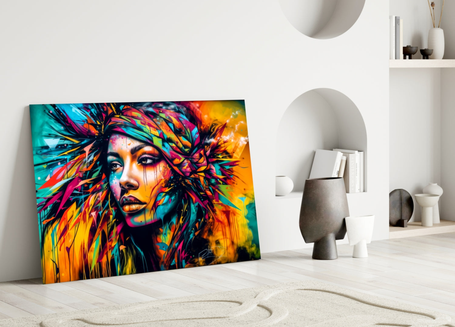 Neon Headwrap Feathered Woman Glass Wall Art