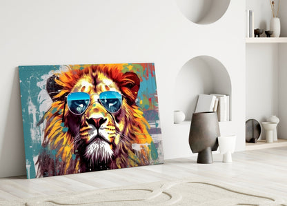 Silver Aviator Lion On Teal Glass Wall Art