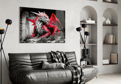 Crimson Red Winged Dragon Glass Wall Art