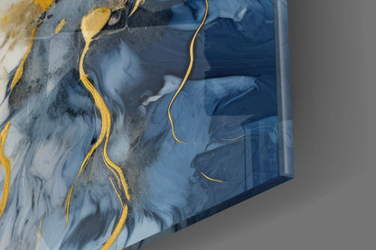 Gold Veined Indigo Marble Swirl Glass Wall Art