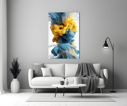 Blue And Yellow Ink Swirl Abstract Glass Wall Art
