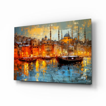 Golden Istanbul Harbor Sailboats Glass Wall Art