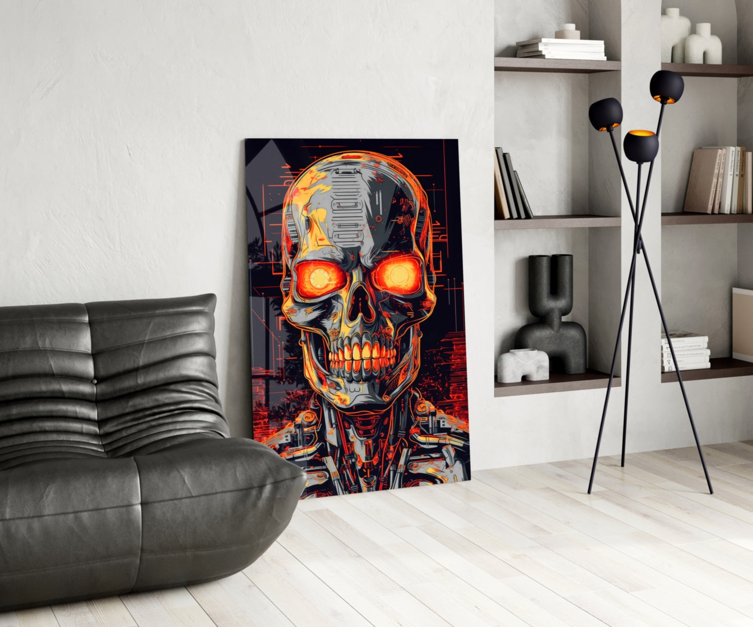 Glowing Eyes Metal Skull Glass Wall Art