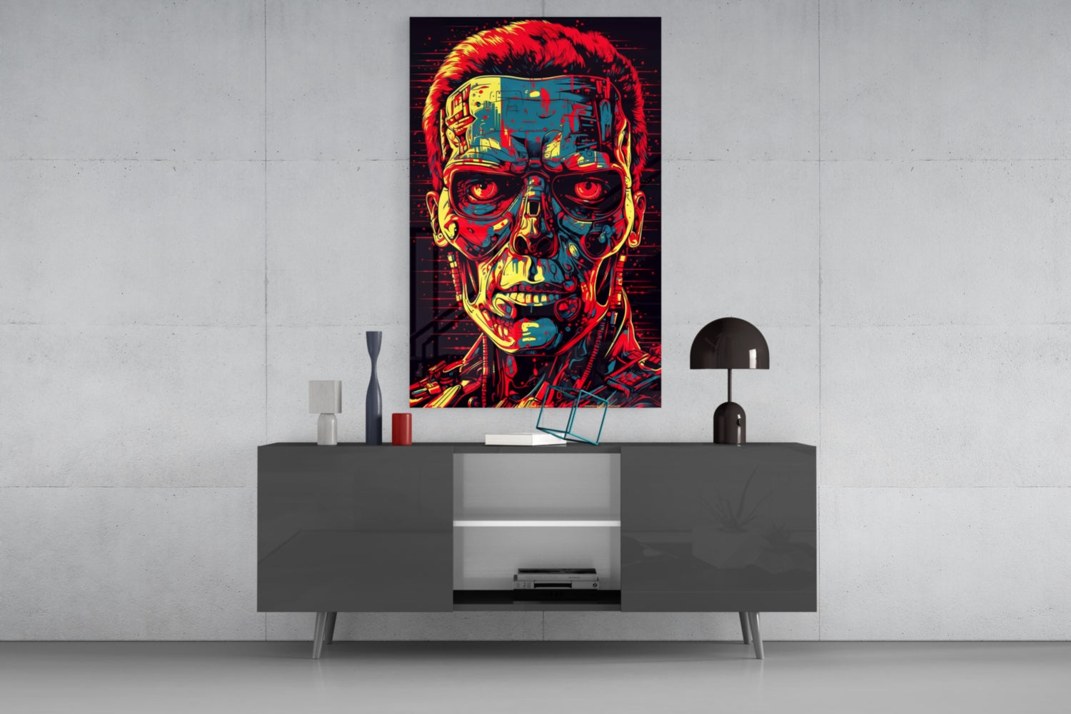 Red And Yellow Pop Cyborg Face Glass Wall Art