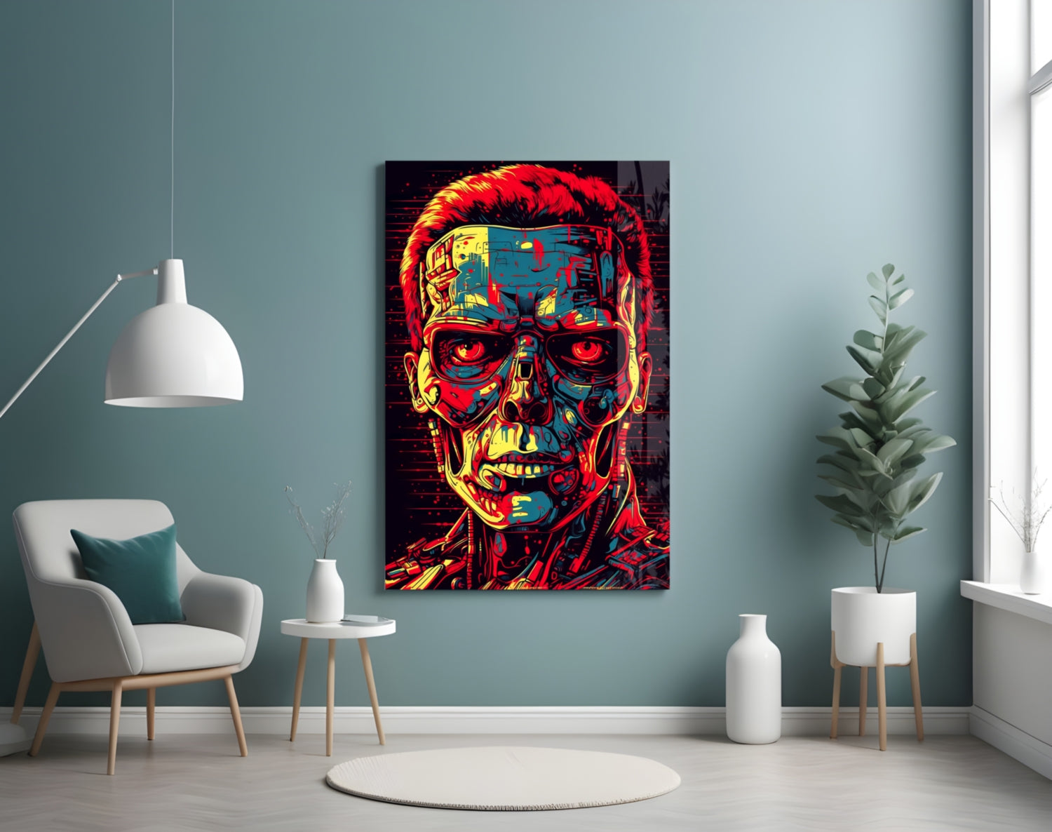 Red And Yellow Pop Cyborg Face Glass Wall Art