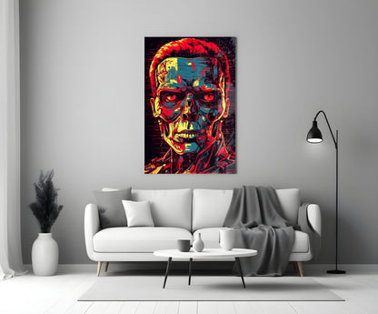 Red And Yellow Pop Cyborg Face Glass Wall Art