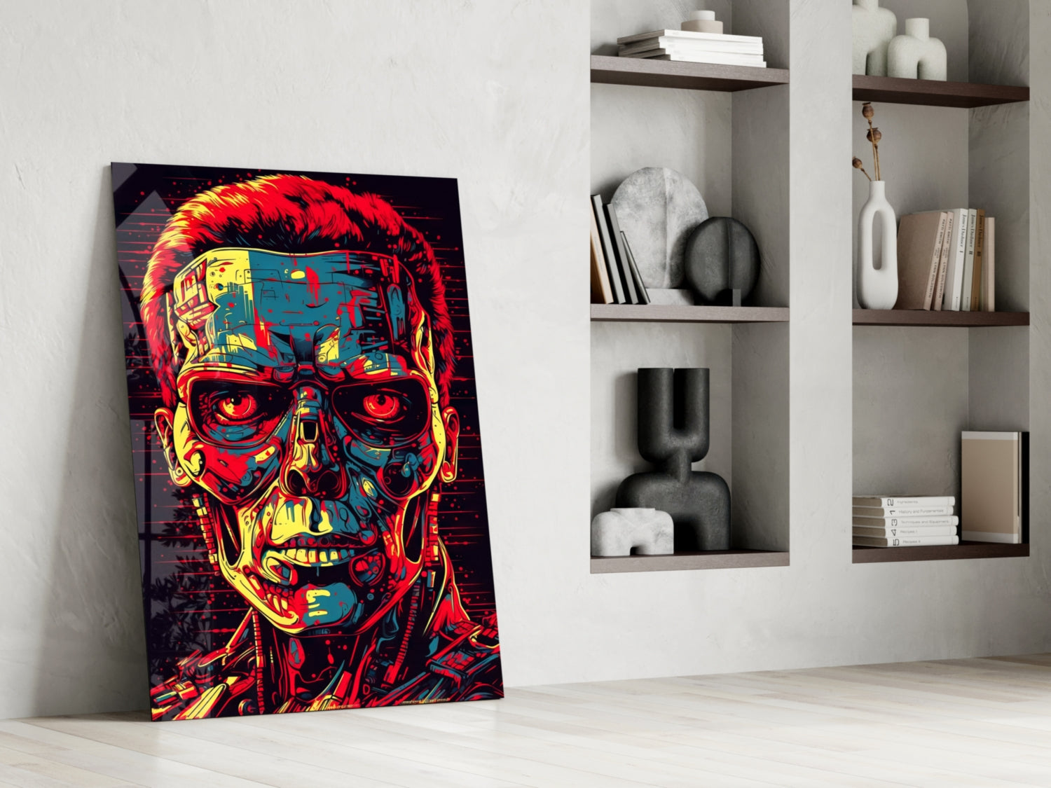 Red And Yellow Pop Cyborg Face Glass Wall Art