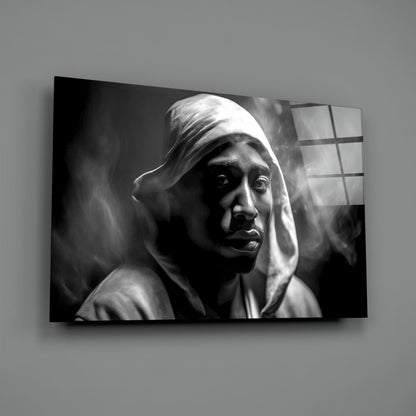 Monochrome Hooded Rapper Portrait Glass Wall Art