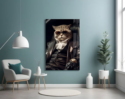 Sunglasses Cat In Black Suit Glass Wall Art