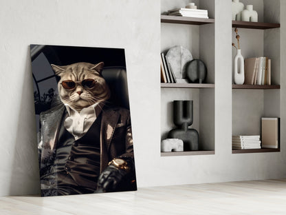 Sunglasses Cat In Black Suit Glass Wall Art