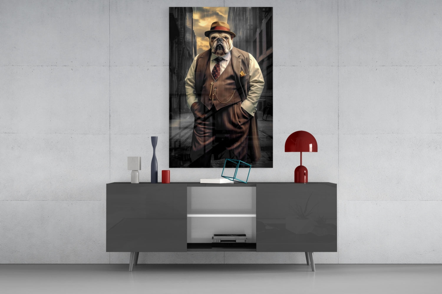 Bulldog In Brown Suit And Fedora Glass Wall Art