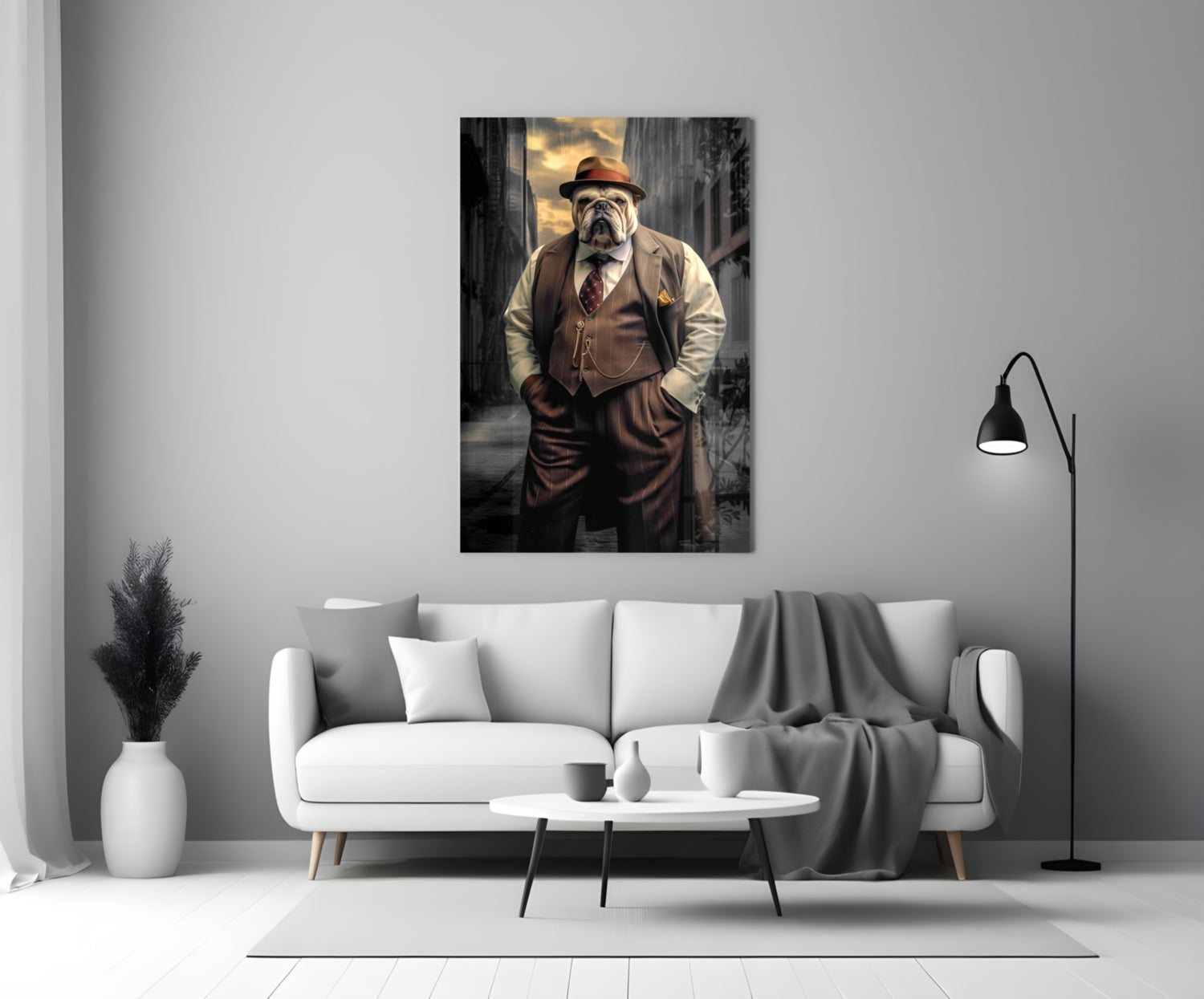 Bulldog In Brown Suit And Fedora Glass Wall Art