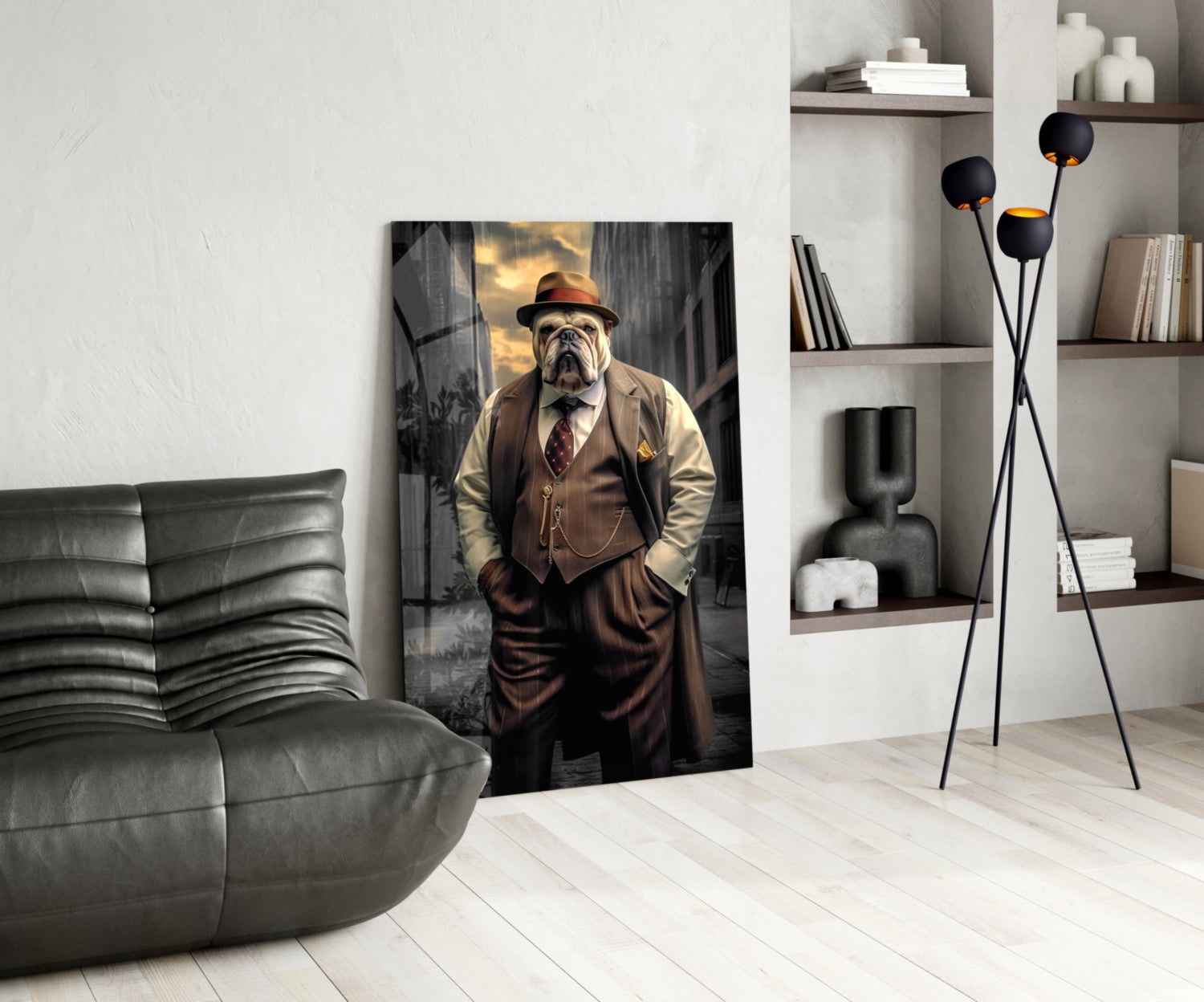 Bulldog In Brown Suit And Fedora Glass Wall Art