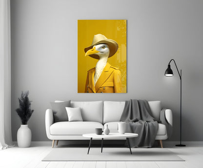 Seagull in Mustard Yellow Overcoat Glass Wall Art