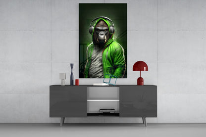 Gorilla in Lime Green Hoodie Headphones Glass Wall Art